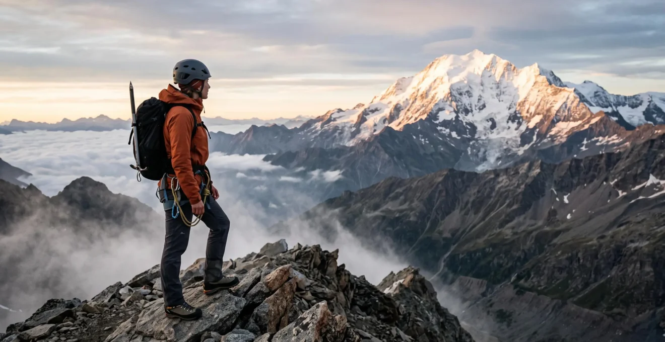 Alpiniste solitaire équipé observant un sommet enneigé de 4000 mètres à l'aube, symbolisant la préparation et le respect de la montagne