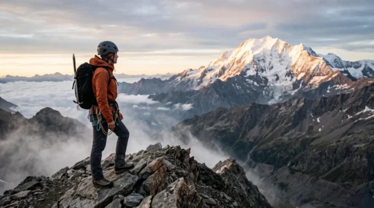 Alpiniste solitaire équipé observant un sommet enneigé de 4000 mètres à l'aube, symbolisant la préparation et le respect de la montagne