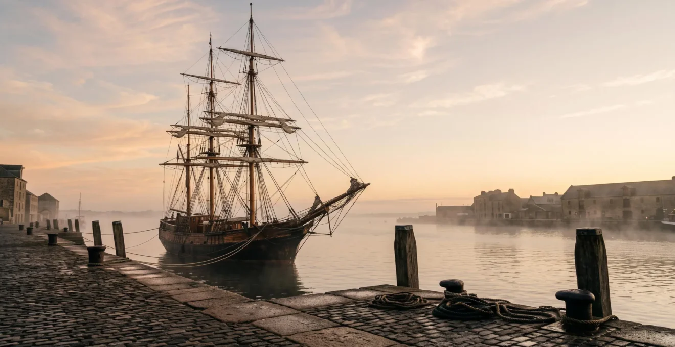 Vue panoramique d'un vieux gréement en bois amarré dans un port historique au lever du soleil, illustrant le patrimoine maritime