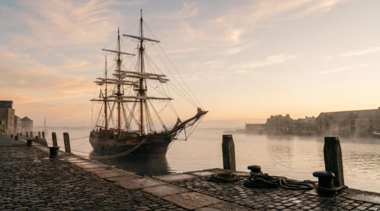 Vue panoramique d'un vieux gréement en bois amarré dans un port historique au lever du soleil, illustrant le patrimoine maritime
