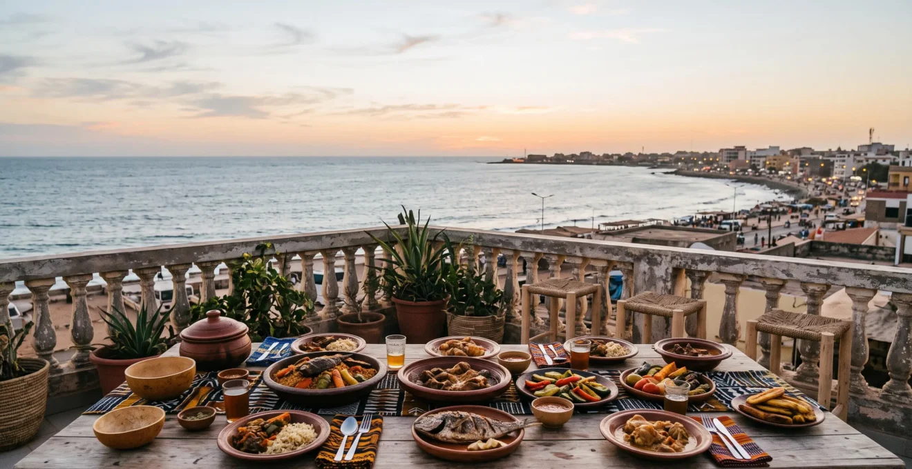 Table dressée en plein air à Dakar avec des plats sénégalais créatifs et traditionnels, ambiance chaleureuse en fin de journée