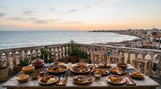 Table dressée en plein air à Dakar avec des plats sénégalais créatifs et traditionnels, ambiance chaleureuse en fin de journée