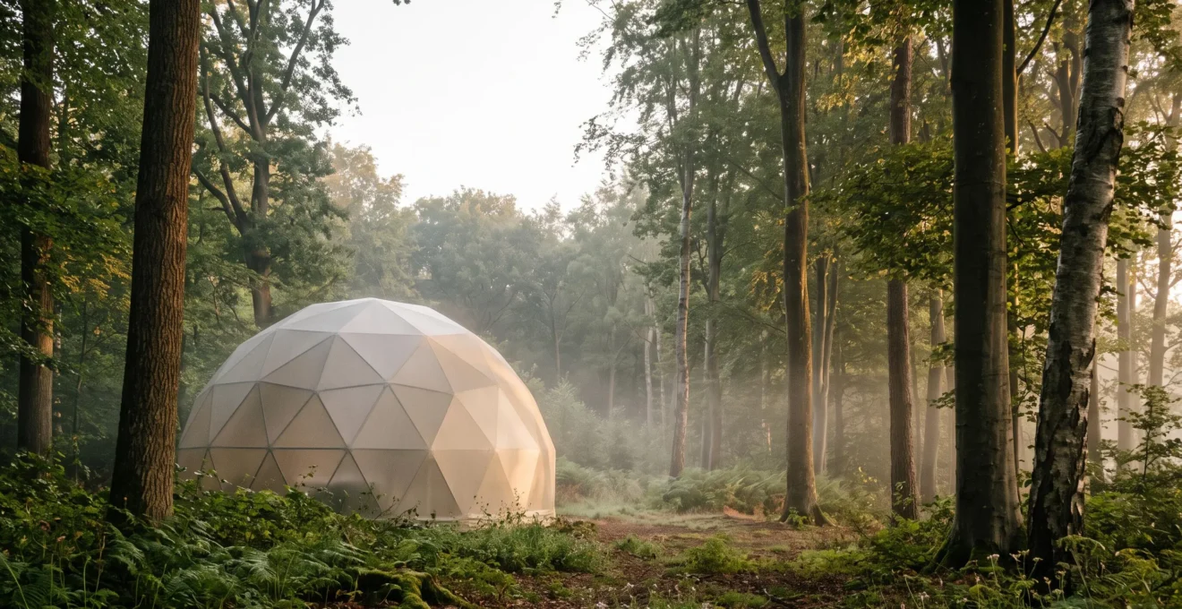 Bulle d'hébergement transparente installée au cœur d'une forêt de feuillus, illuminée par la lumière dorée du lever du soleil