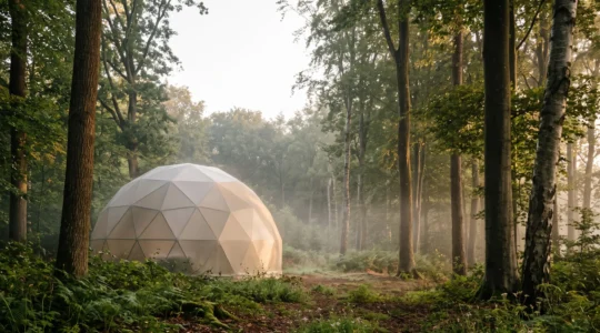 Bulle d'hébergement transparente installée au cœur d'une forêt de feuillus, illuminée par la lumière dorée du lever du soleil