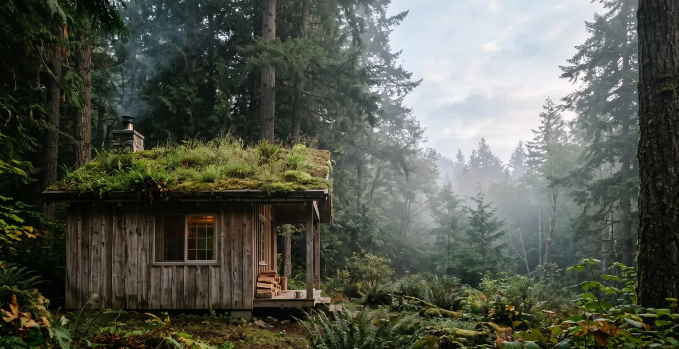 Cabane en bois brut aux lignes épurées installée en lisière de forêt, baignée par la lumière du matin, symbole d'un hébergement insolite respectueux de la nature