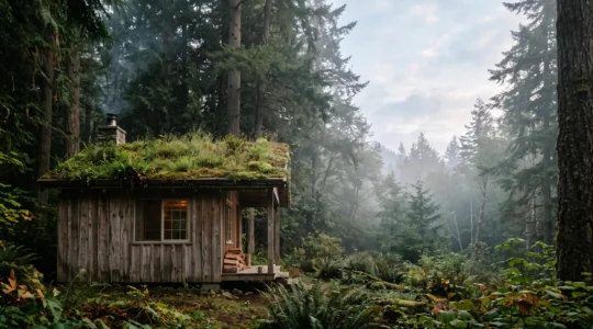 Cabane en bois brut aux lignes épurées installée en lisière de forêt, baignée par la lumière du matin, symbole d'un hébergement insolite respectueux de la nature