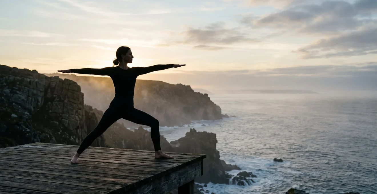 Silhouette en pleine posture de yoga face a l'ocean au lever du jour, entre falaises et brume marine