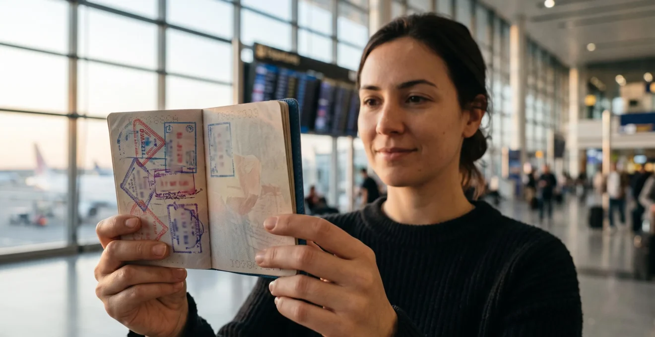 Voyageur tenant un passeport orné de visas et tampons face à un tableau de départs d'aéroport, symbolisant le choix éclairé d'un visa touristique
