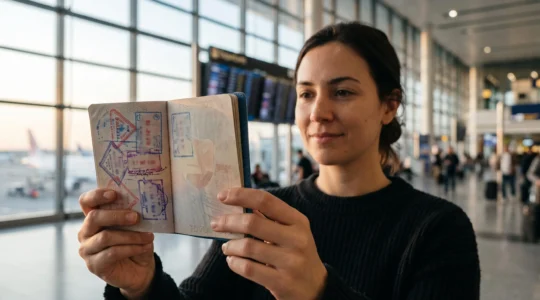 Voyageur tenant un passeport orné de visas et tampons face à un tableau de départs d'aéroport, symbolisant le choix éclairé d'un visa touristique
