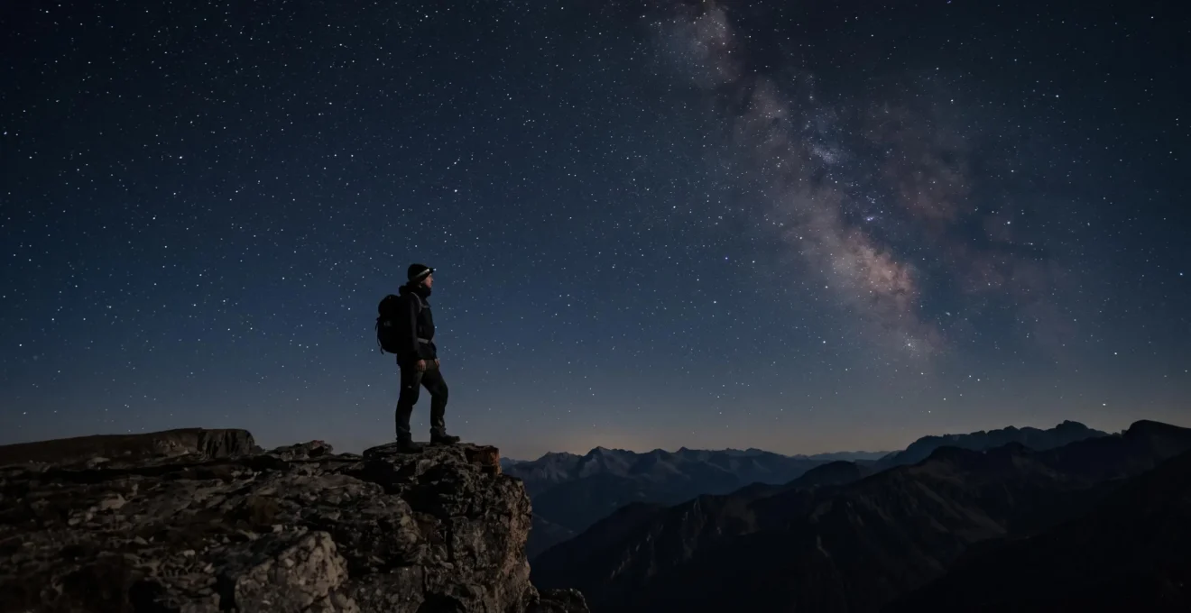 Silhouette contemplant la voie lactée depuis un promontoire rocheux isolé en Europe sous un ciel étoilé pur