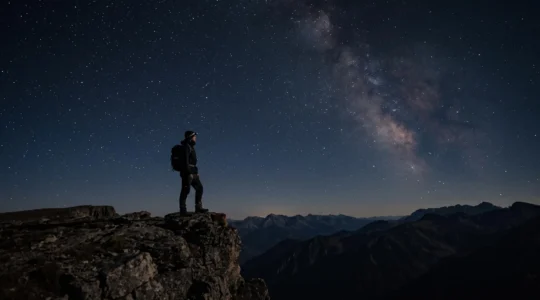 Silhouette contemplant la voie lactée depuis un promontoire rocheux isolé en Europe sous un ciel étoilé pur