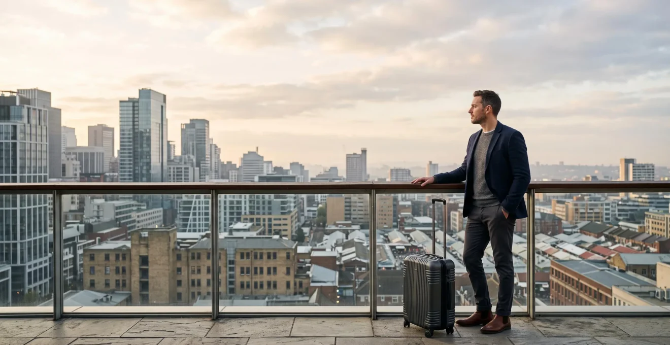 Un voyageur d'affaires en costume observe un horizon urbain mêlant architecture moderne et éléments culturels traditionnels, valise à la main, au lever du jour.