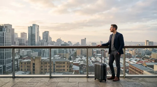 Un voyageur d'affaires en costume observe un horizon urbain mêlant architecture moderne et éléments culturels traditionnels, valise à la main, au lever du jour.