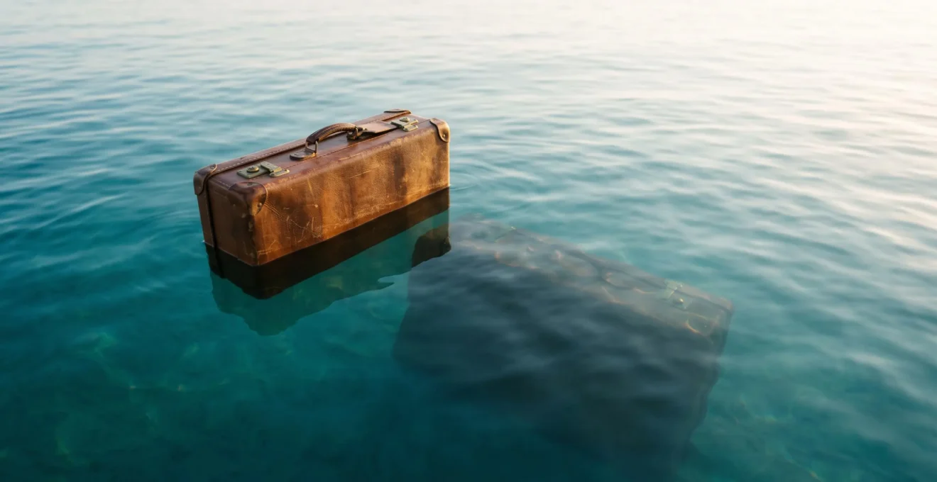 Valise de voyage flottant a la surface de l'eau symbolisant les couts caches sous le budget visible