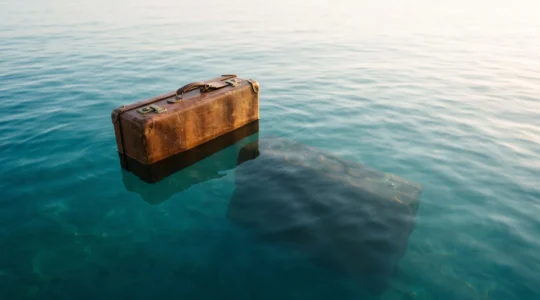 Valise de voyage flottant a la surface de l'eau symbolisant les couts caches sous le budget visible