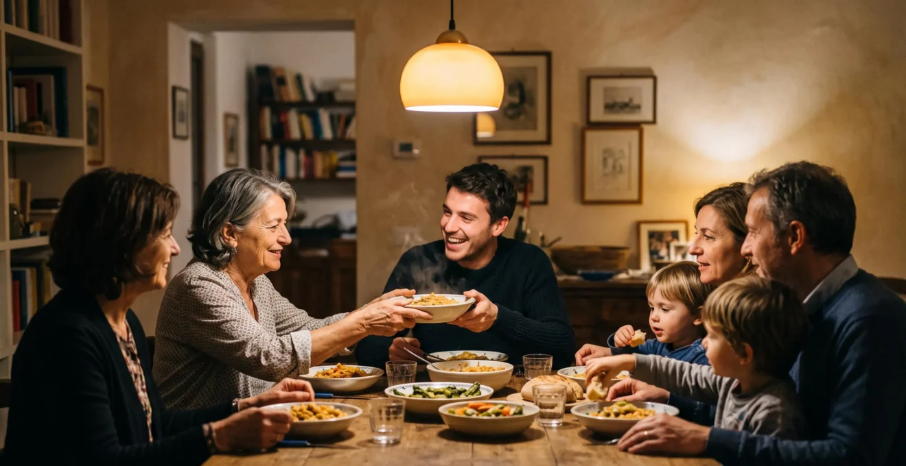 Repas partagé autour d'une table familiale locale, ambiance chaleureuse et authentique loin des restaurants touristiques