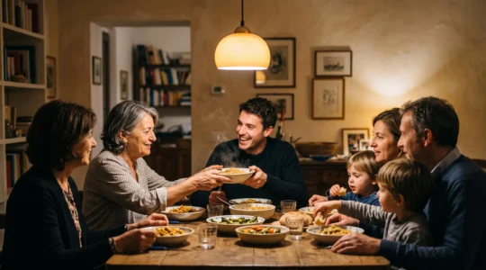 Repas partagé autour d'une table familiale locale, ambiance chaleureuse et authentique loin des restaurants touristiques