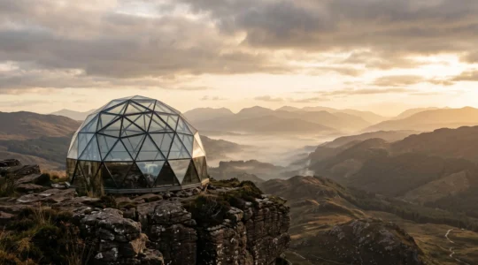 Dôme vitré posé sur un promontoire rocheux offrant une vue panoramique sur une vallée sauvage au lever du soleil