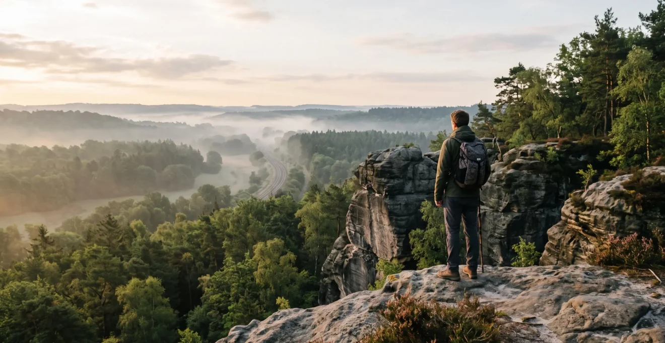 Silhouette solitaire face a un vaste paysage forestier au lever du jour, illustrant une escapade de 48h pres de Paris