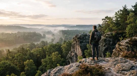 Silhouette solitaire face a un vaste paysage forestier au lever du jour, illustrant une escapade de 48h pres de Paris