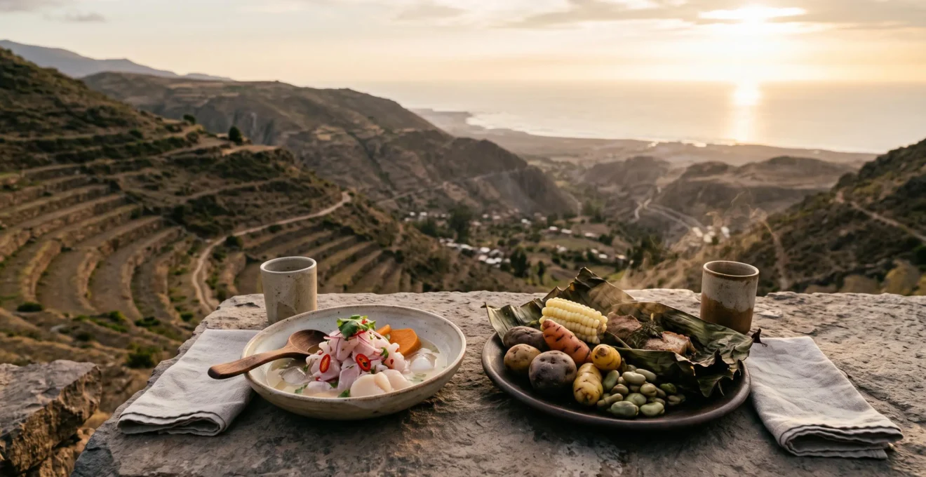 Table dressée en pleine nature péruvienne avec des ingrédients andins et marins juxtaposés, symbolisant la rencontre des cultures culinaires