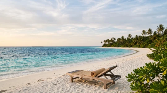 Vue panoramique du lagon turquoise de Grace Bay bordé de sable blanc et de palmiers, symbole d'un voyage paradisiaque accessible