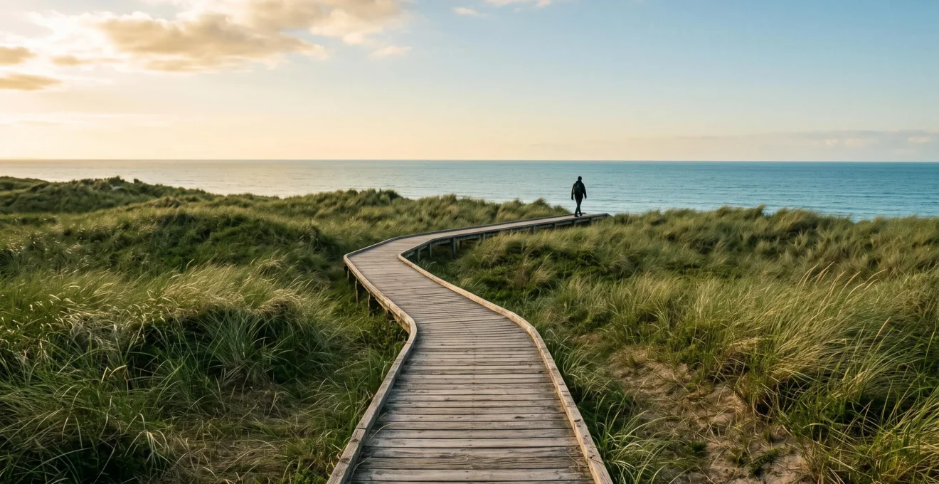 Sentier en caillebotis en bois traversant une dune couverte d'oyats verts menant vers l'océan au lever du soleil, symbolisant l'équilibre entre tourisme et préservation du littoral