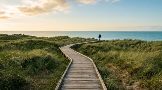 Sentier en caillebotis en bois traversant une dune couverte d'oyats verts menant vers l'océan au lever du soleil, symbolisant l'équilibre entre tourisme et préservation du littoral