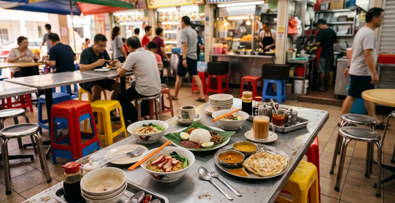 Vue d'ensemble d'un hawker center animé de Singapour au petit matin avec ses tables communes et ses étals colorés