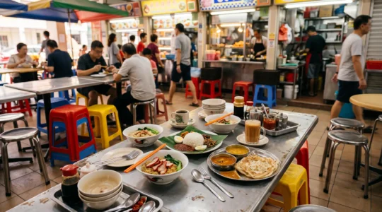 Vue d'ensemble d'un hawker center animé de Singapour au petit matin avec ses tables communes et ses étals colorés