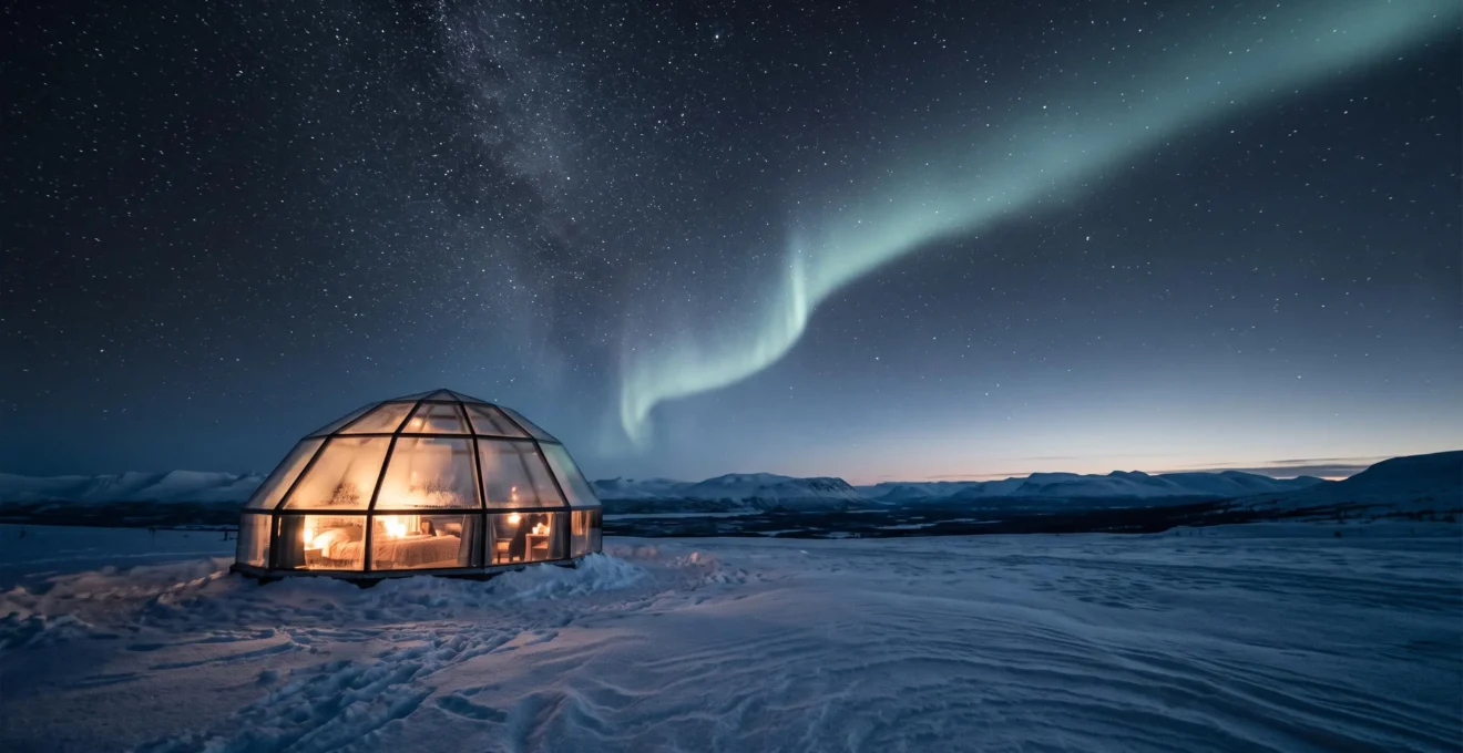 Igloo de verre isolé dans un paysage enneigé arctique, illuminé de l'intérieur sous un ciel traversé par une aurore boréale verte