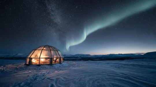 Igloo de verre isolé dans un paysage enneigé arctique, illuminé de l'intérieur sous un ciel traversé par une aurore boréale verte