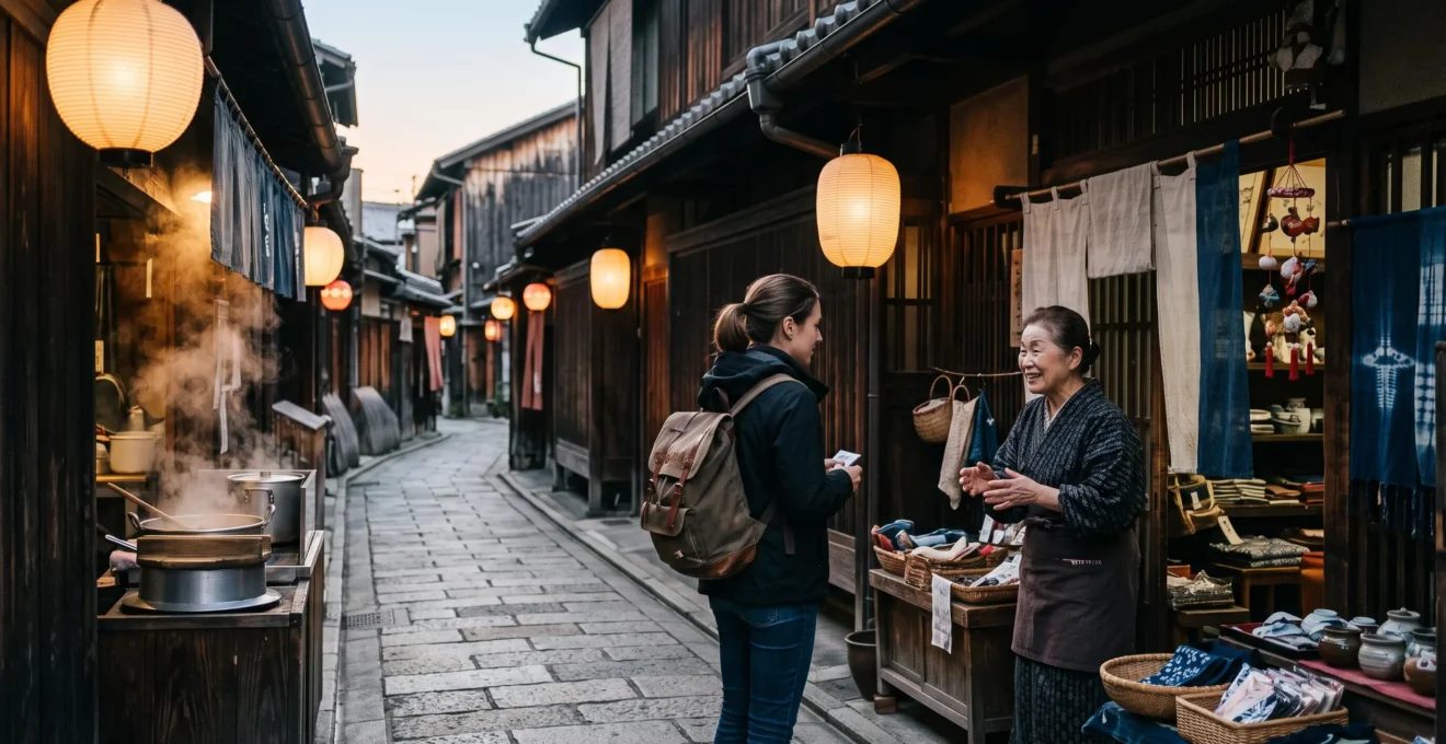 Voyageur partageant un moment authentique avec un habitant dans une ruelle animée au petit matin, loin des attractions touristiques