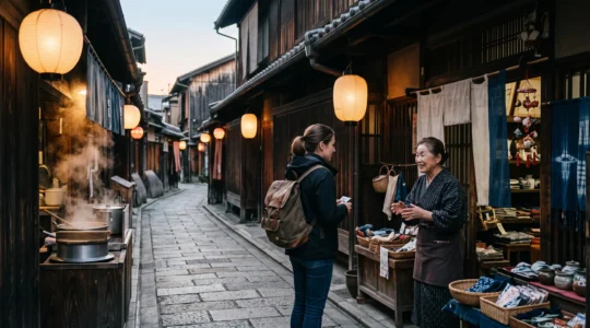 Voyageur partageant un moment authentique avec un habitant dans une ruelle animée au petit matin, loin des attractions touristiques
