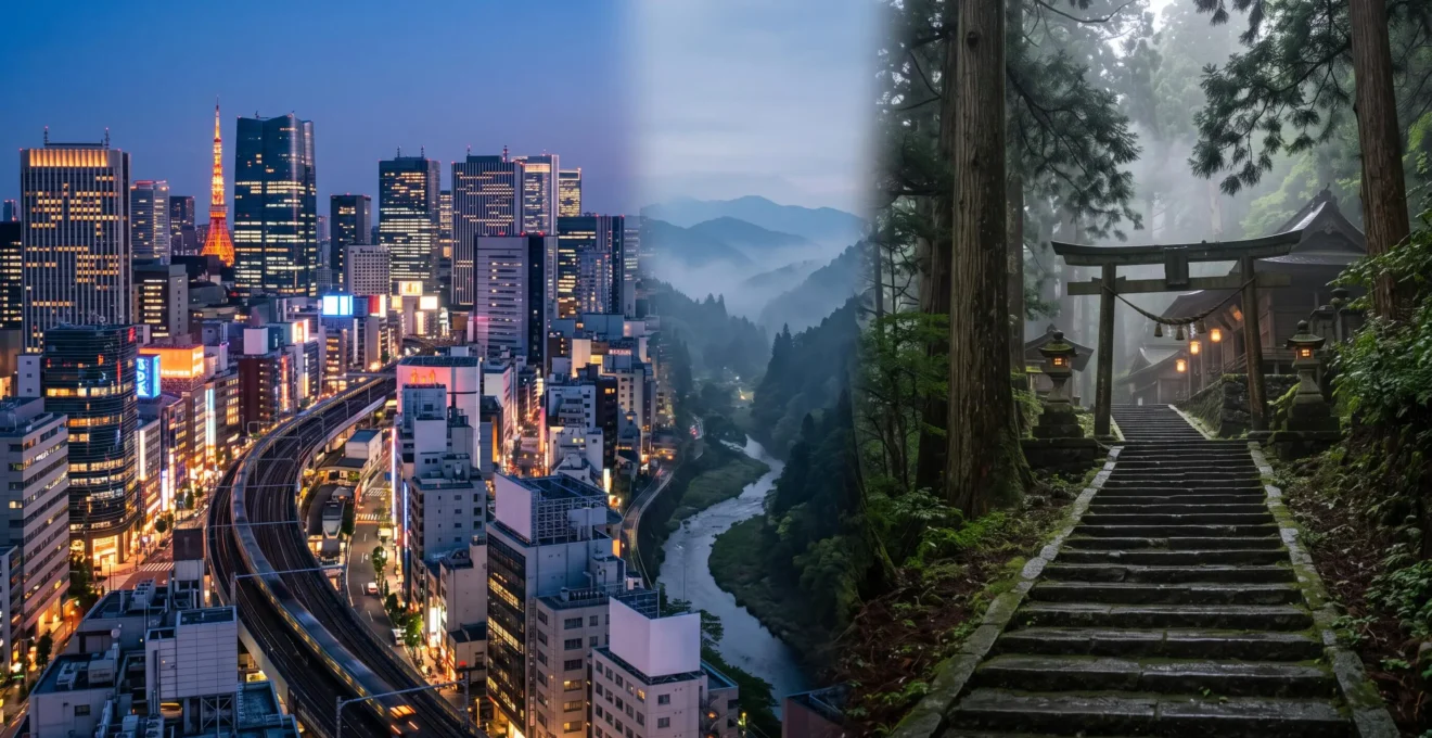 Contraste visuel entre les gratte-ciel illuminés d'une mégalopole japonaise et un sentier de temple isolé en montagne