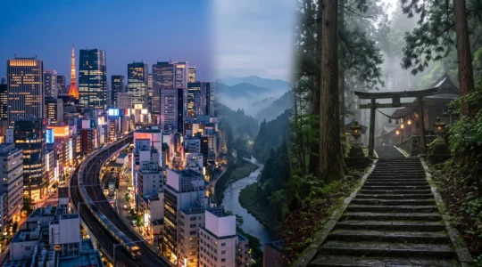 Contraste visuel entre les gratte-ciel illuminés d'une mégalopole japonaise et un sentier de temple isolé en montagne