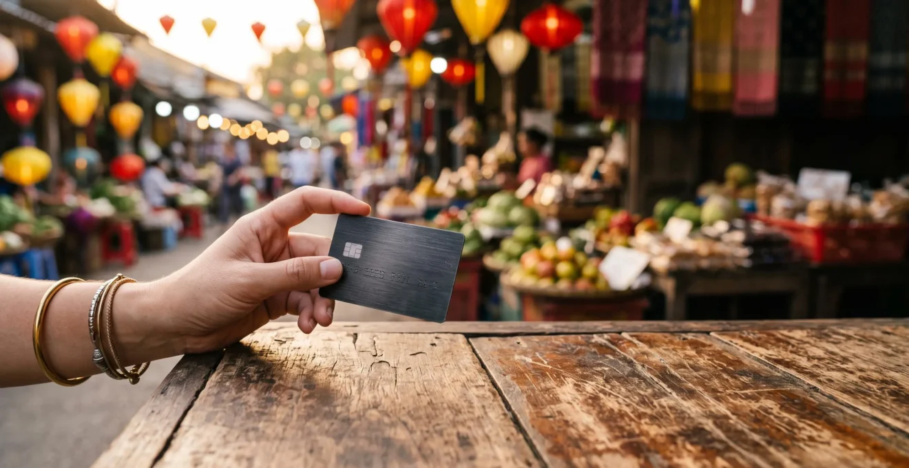 Main tenant une carte bancaire sans contact au-dessus d'un comptoir de marché lors d'un voyage à l'étranger
