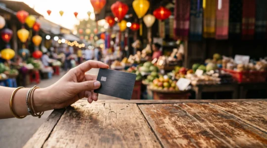 Main tenant une carte bancaire sans contact au-dessus d'un comptoir de marché lors d'un voyage à l'étranger