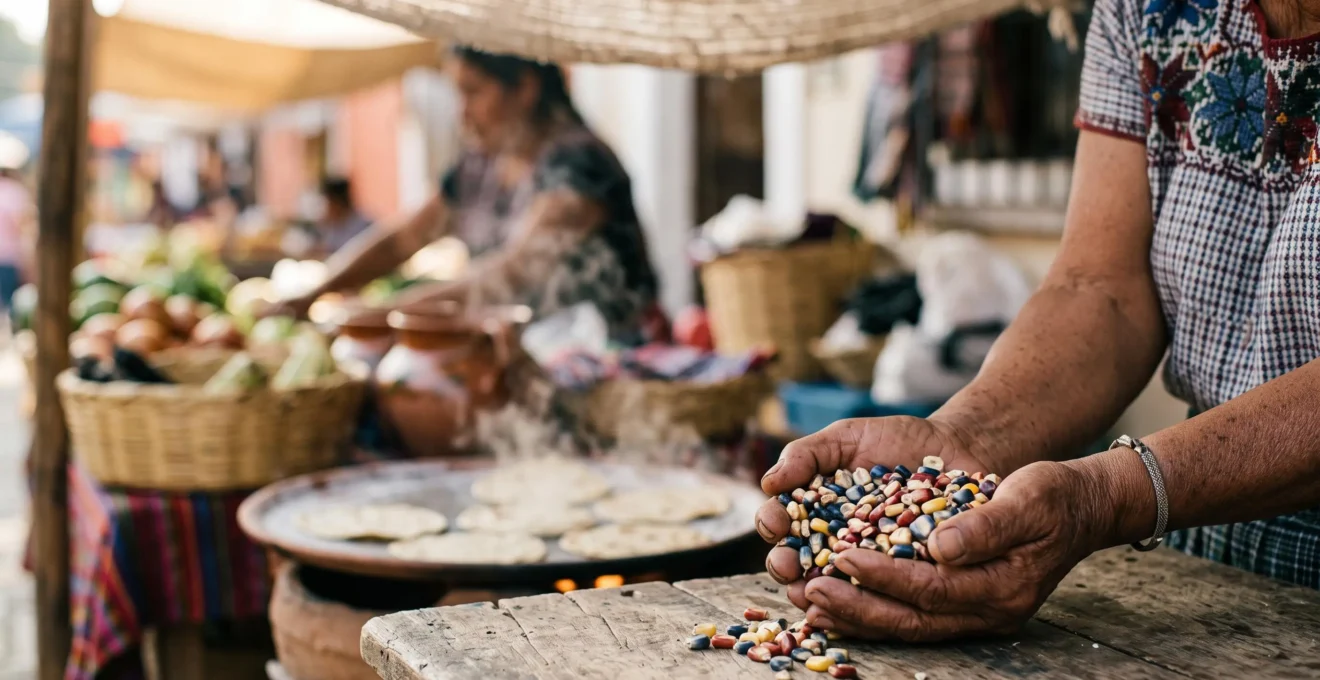 Etal de marche indigene mexicain avec mains tenant du mais colore et des tortillas fraiches, symbole de la gastronomie prehispanique
