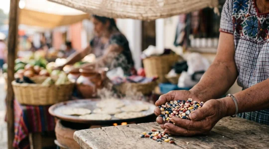 Etal de marche indigene mexicain avec mains tenant du mais colore et des tortillas fraiches, symbole de la gastronomie prehispanique