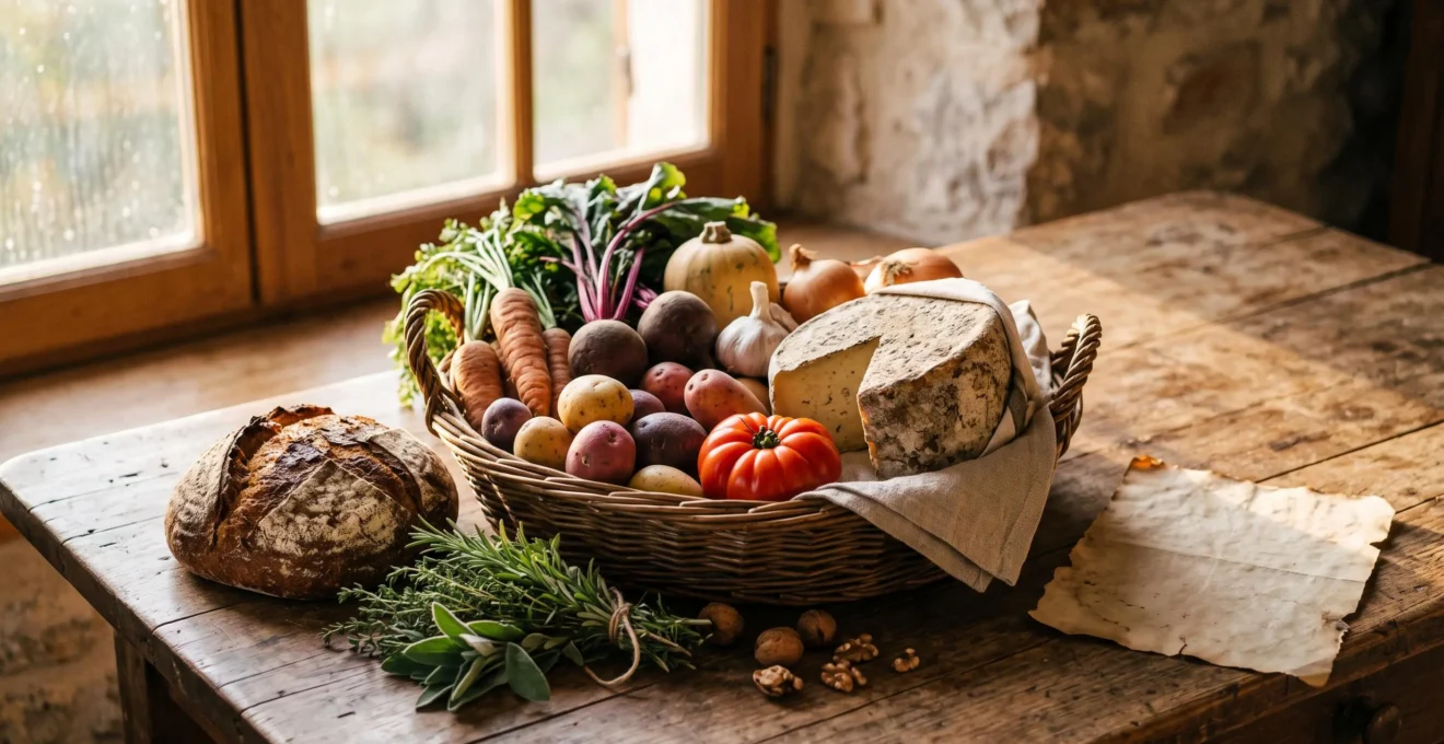 Panier en osier rempli de produits regionaux sur une table rustique, symbole d'un circuit gastronomique a travers un territoire.