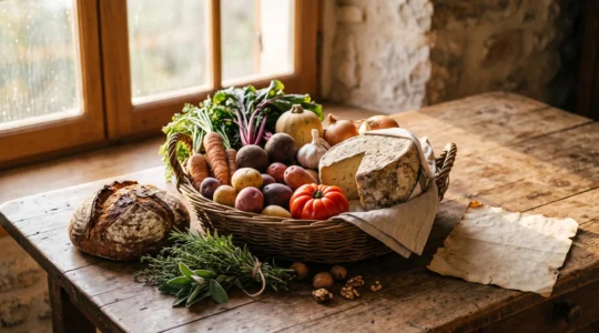Panier en osier rempli de produits regionaux sur une table rustique, symbole d'un circuit gastronomique a travers un territoire.