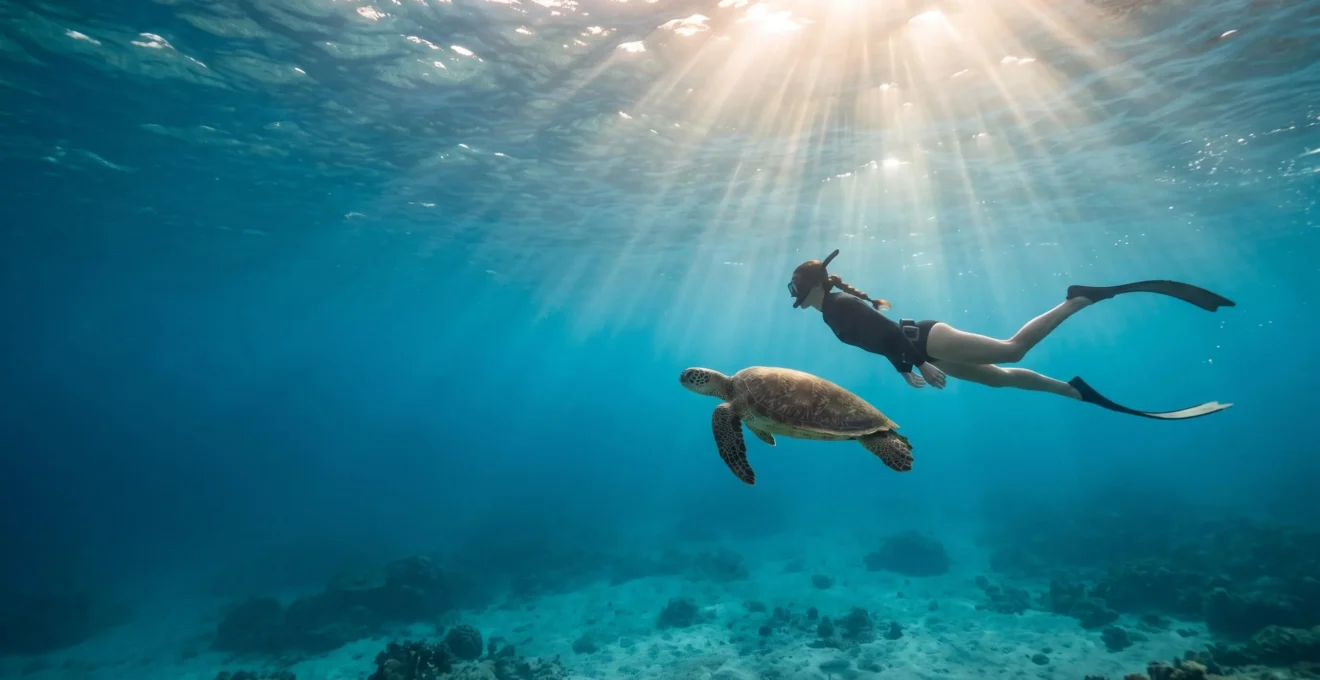 Plongeur en apnée observant un récif corallien préservé dans une lumière naturelle, symbole du respect des océans