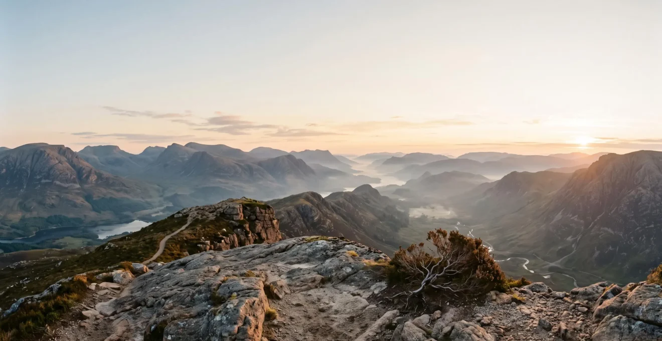 Vue panoramique spectaculaire depuis un promontoire rocheux isolé en montagne, au lever du soleil, sans aucun touriste visible