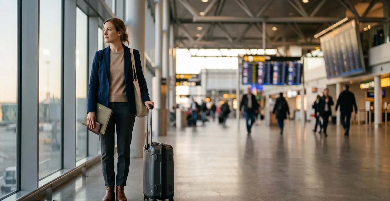 Voyageur consultant ses documents de voyage devant un tableau de départs internationaux dans un aéroport