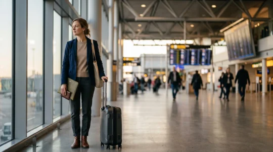 Voyageur consultant ses documents de voyage devant un tableau de départs internationaux dans un aéroport