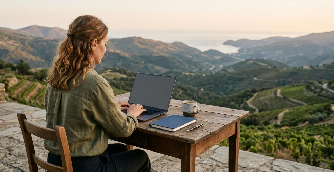 Professionnel installe a un bureau portable minimaliste sur une terrasse surplombant un vaste paysage, symbole de l equilibre entre travail et voyage au long cours