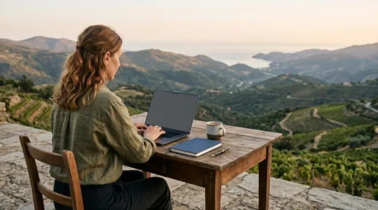 Professionnel installe a un bureau portable minimaliste sur une terrasse surplombant un vaste paysage, symbole de l equilibre entre travail et voyage au long cours