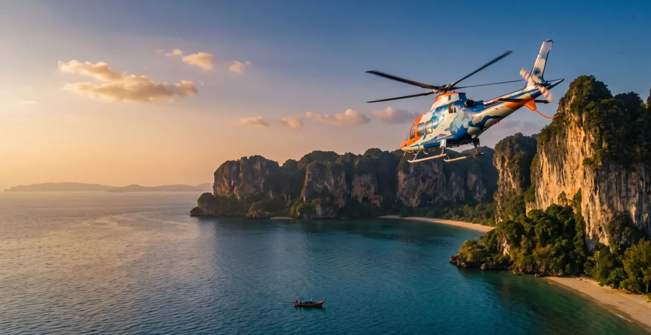 Hélicoptère médical survolant une côte tropicale thaïlandaise au coucher du soleil, symbolisant l'urgence et la sécurité d'un rapatriement sanitaire