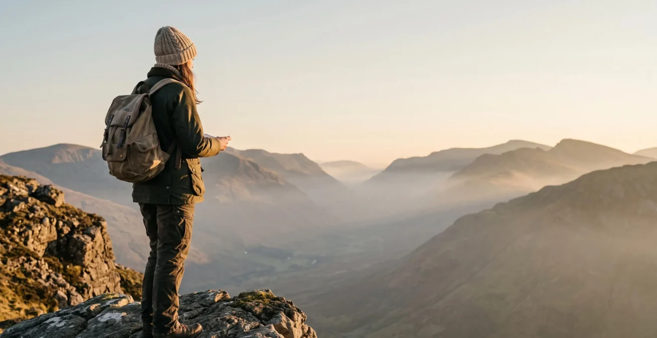 Voyageur contemplant un paysage montagneux majestueux, incarnant l'immersion totale d'un récit de voyage vécu par le lecteur